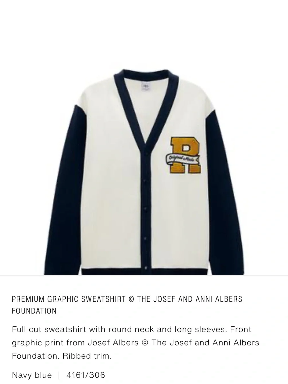 Zara Cream & Navy Varsity Letterman Cardigan with Gold 'R' Patch